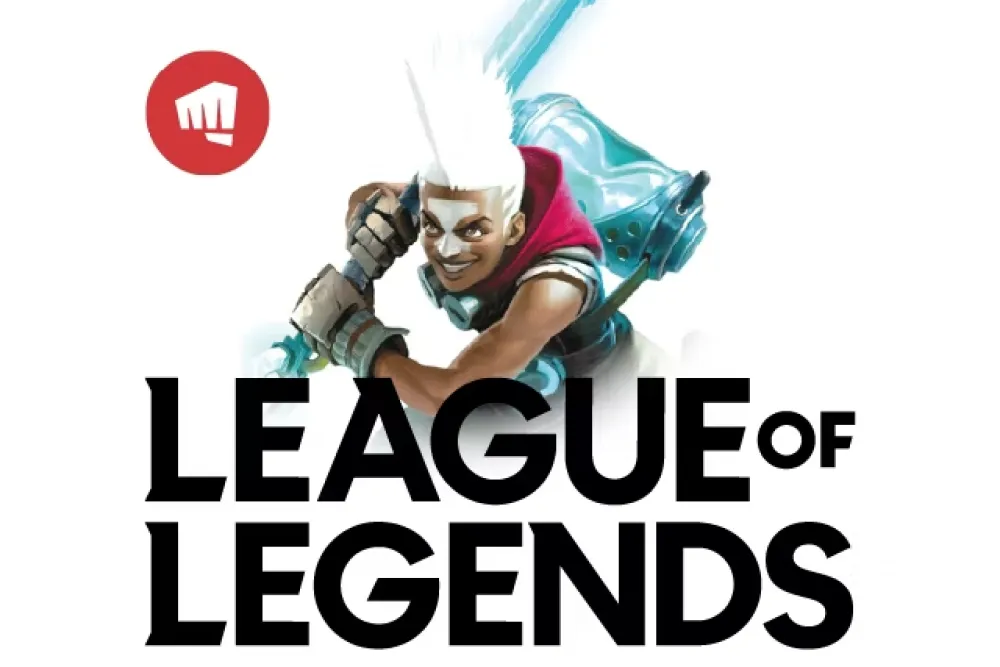 Gamepersonage met wit haar en zwaard, en het logo van League of Legends met een rood symbool linksboven.