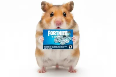 Bruine hamster houdt een kaart vast die Fortnite V-Bucks promoot tegen een witte achtergrond.