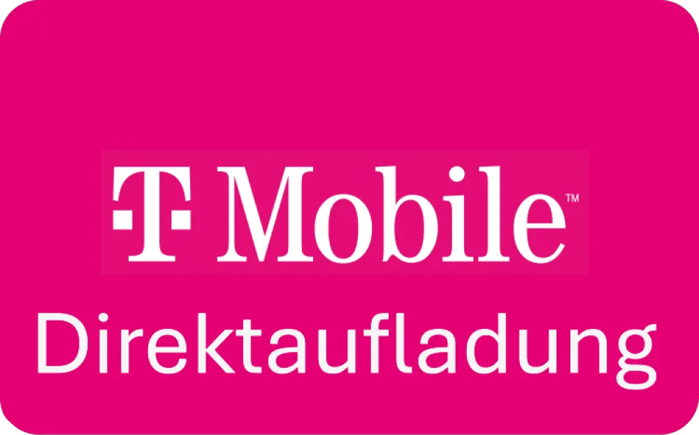 T-Mobile logo met de tekst "Direktaufladung" op een roze achtergrond.