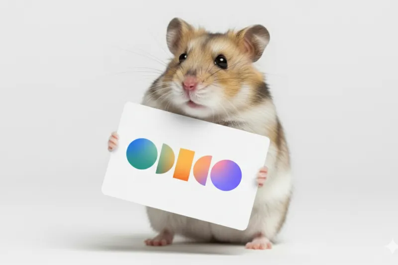 Een hamster houdt een witte kaart met een kleurrijk abstract logo vast. De achtergrond is effen wit.