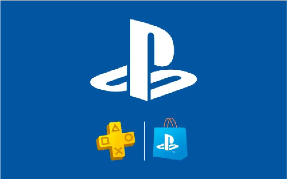 PlayStation-logo bovenaan, met daaronder een geel PlayStation Plus-icoon links en een blauw PlayStation Store-tasicoon rechts, tegen een blauwe achtergrond.