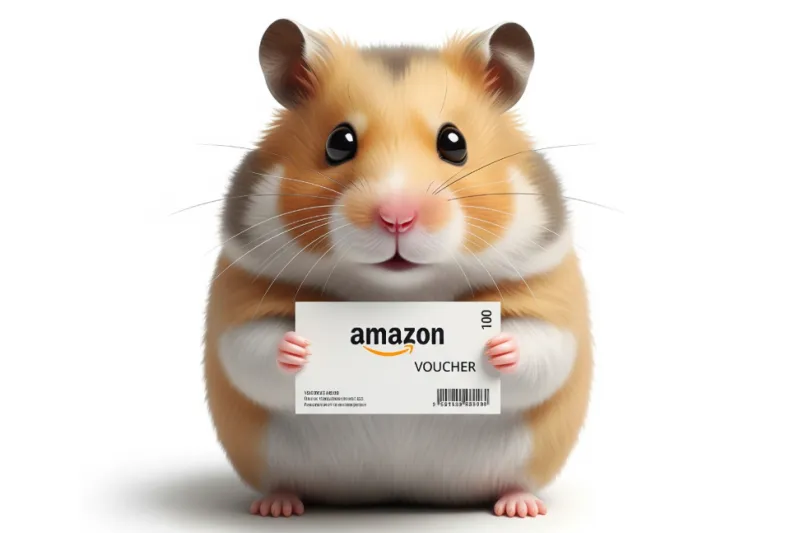 Een schattige hamster houdt een Amazon-cadeaubon vast met een waarde van 100.