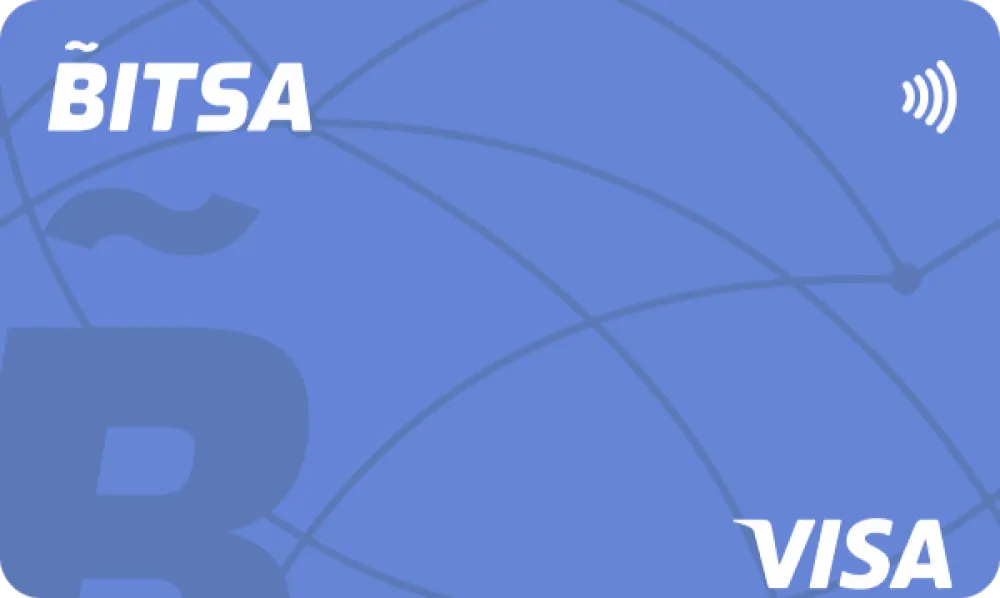 Blauwe Bitsa Visa-kaart met een contactloos betalingssysteem, een groot 'B'-logo en lijnen die een wereldkaartpatroon vormen.