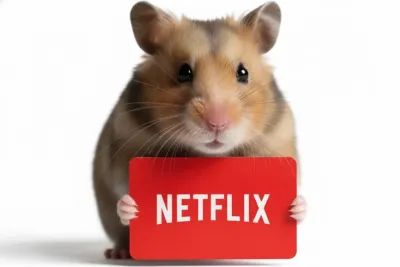 Een hamster houdt een rood kaartje vast met het Netflix-logo erop. De achtergrond is wit en de hamster kijkt recht naar de camera.