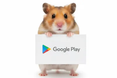 Hamster houdt een bord met het Google Play-logo vast.