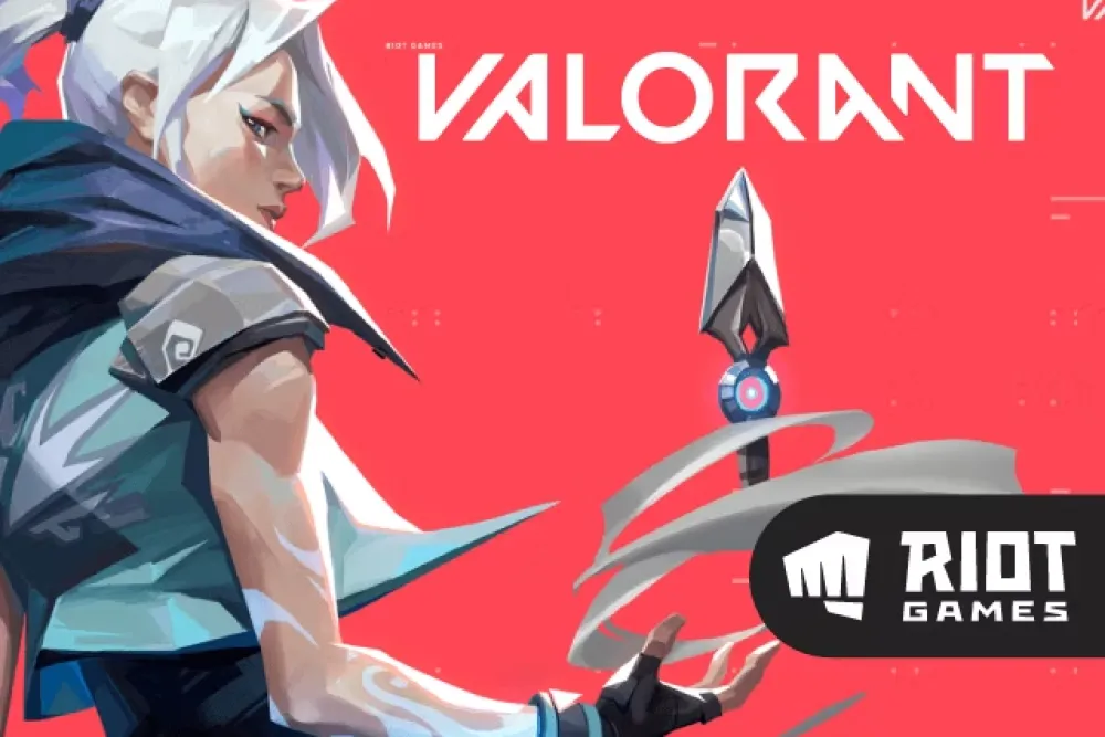 Illustratie van een karakter uit het spel Valorant, met wit haar en een futuristisch ontwerp op een rode achtergrond, met het logo van Riot Games.