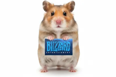 Hamster houdt een bordje vast met het logo van Blizzard Entertainment erop.