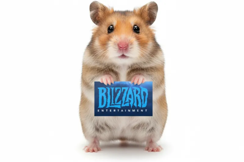 Hamster houdt een bordje vast met het logo van Blizzard Entertainment erop.