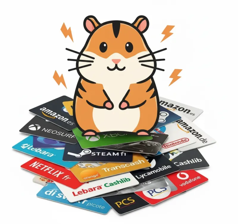 Goudhamster zit op een stapel cadeaukaarten van verschillende merken zoals Amazon, Xbox en Netflix.