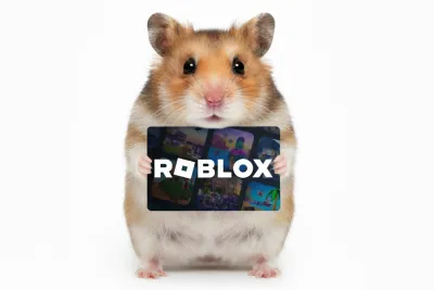 Een hamster houdt een bord vast met het logo van Roblox erop, tegen een witte achtergrond.
