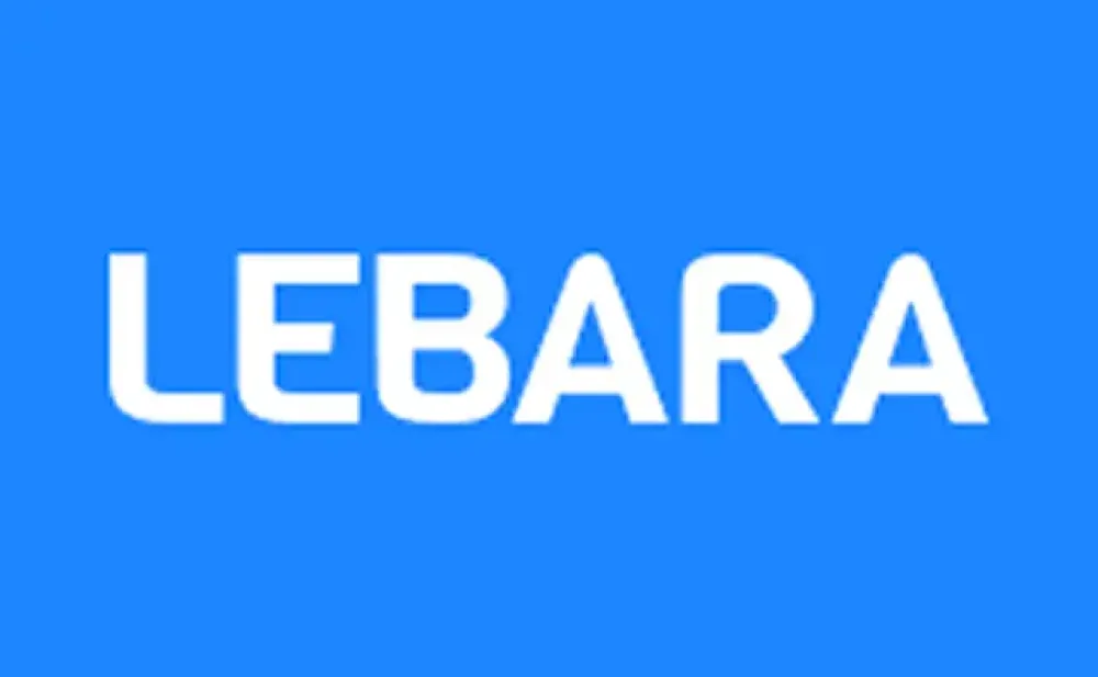 Blauw logo met witte tekst "LEBARA".