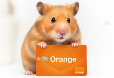 Een hamster houdt een oranje creditcard vast met het logo van "Orange".