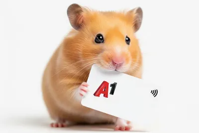 Een schattige hamster houdt een witte kaart vast met de rode en zwarte letters "A1" erop. De achtergrond is wit.