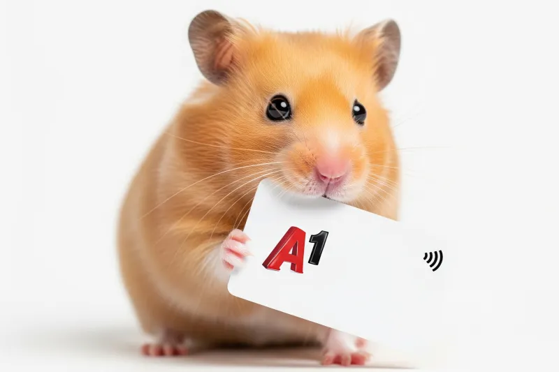 Een schattige hamster houdt een witte kaart vast met de rode en zwarte letters "A1" erop. De achtergrond is wit.