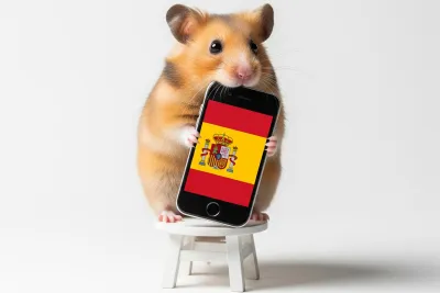 Hamster zittend op een krukje houdt een smartphone vast met het scherm waarop de vlag van Spanje wordt weergegeven.