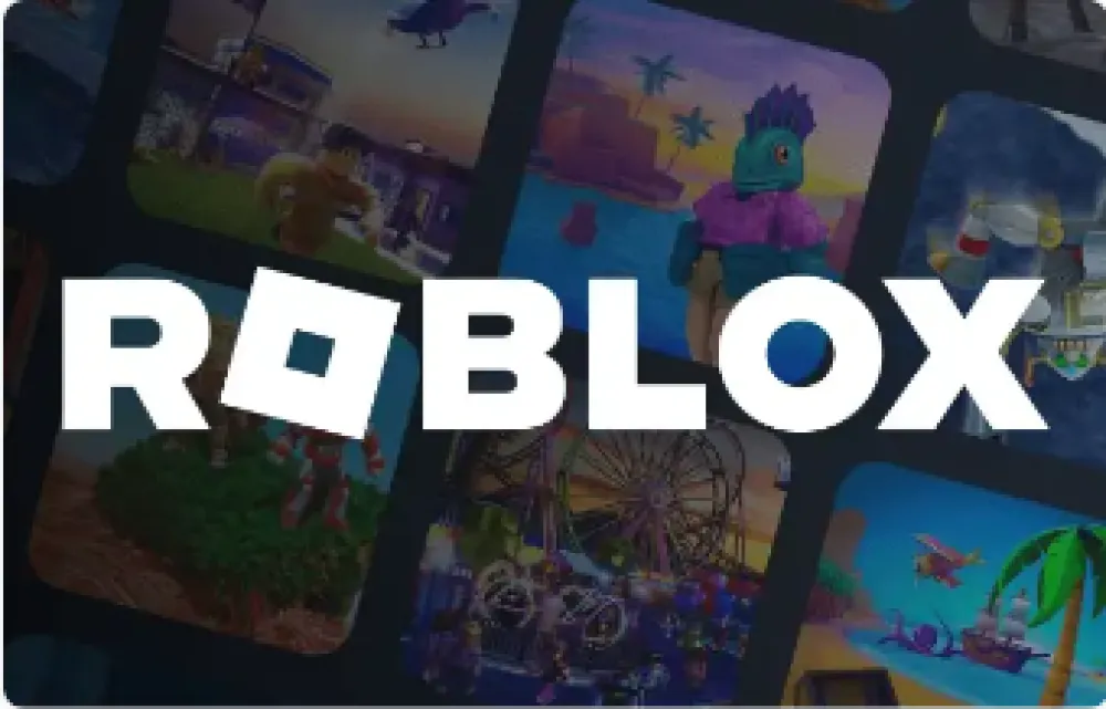 Roblox-logo met daarachter diverse kleurrijke spelafbeeldingen, waaronder personages en landschappen binnen de virtuele wereld van Roblox.