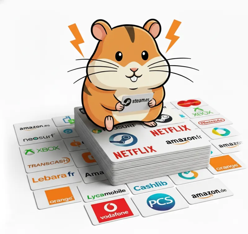 Een hamster houdt een cadeaubon met het Steam-logo vast, zittend op een stapel cadeaubonnen van verschillende merken zoals Netflix, Amazon en Xbox.