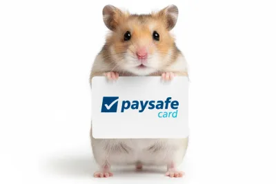 Hamster houdt een bord met het logo van Paysafe Card vast.