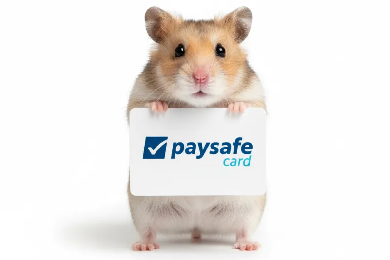 Hamster houdt een bord met het logo van Paysafe Card vast.