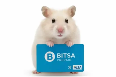 Hamster houdt een blauwe Bitsa prepaid kaart vast met Visa-logo op een witte achtergrond.