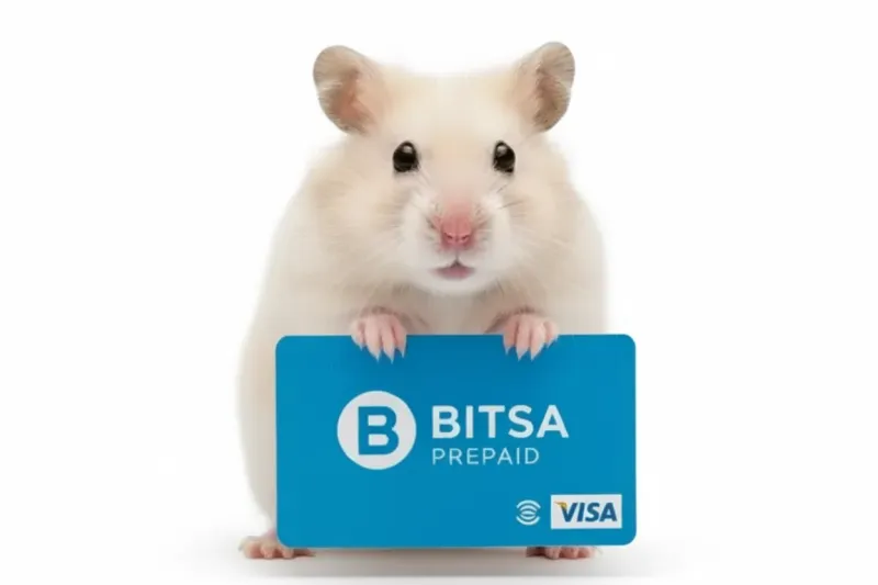 Hamster houdt een blauwe Bitsa prepaid kaart vast met Visa-logo op een witte achtergrond.