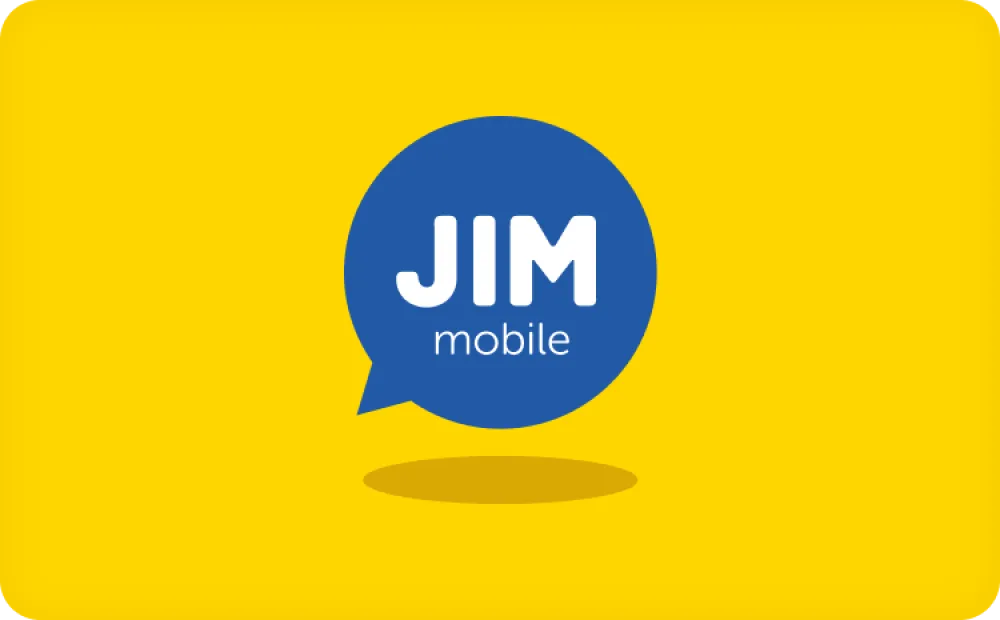 Blauw tekstballonnetje met de tekst "JIM mobile" op een geel achtergrond.