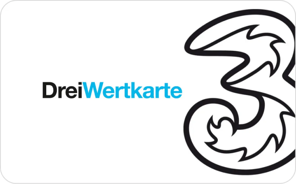 Wit kaartontwerp met de tekst "Drei Wertkarte" en een groot zwart gestileerd cijfer 3 aan de rechterkant.