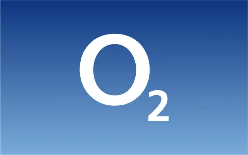 Wit O2-logo op een blauwe achtergrond.