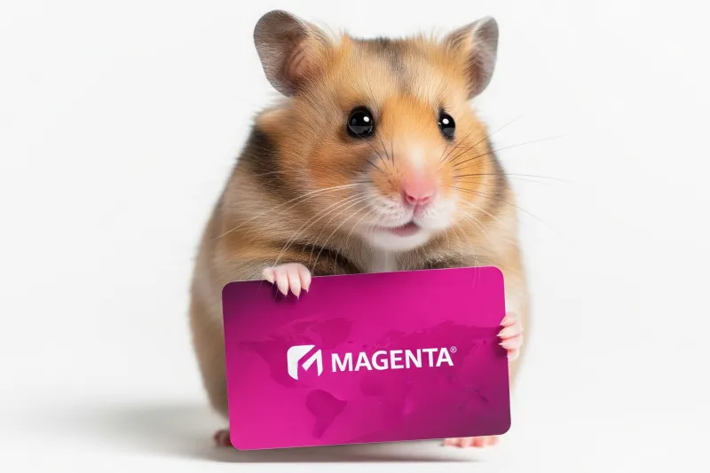Hamster houdt een magenta kaart vast met het logo van Magenta erop, tegen een witte achtergrond.