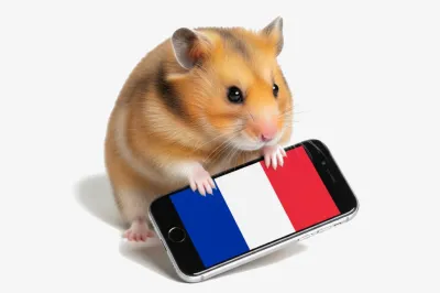 Een hamster houdt een smartphone vast met een scherm dat de Franse vlag toont.