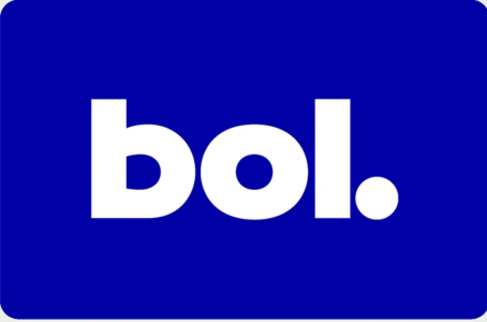 Blauw vlak met het witte woord "bol" en een punt erachter, mogelijk deel van een logo.