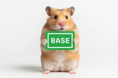 Hamster houdt een groen bord vast met het woord "BASE" erop, op een witte achtergrond.