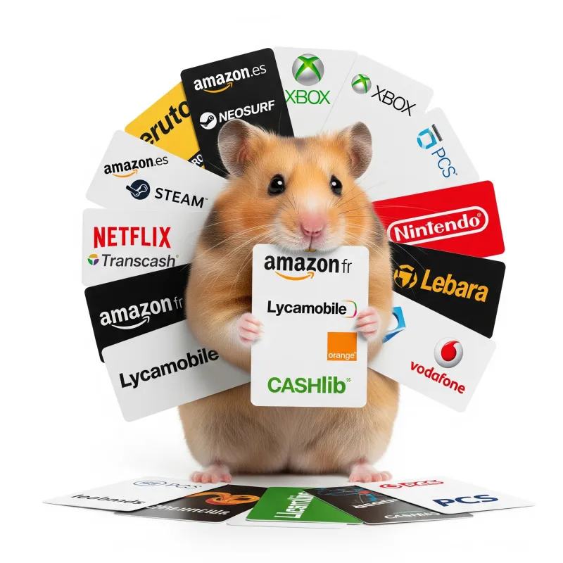 Hamster houdt een verzameling cadeaubonnen vast, waaronder Amazon, Netflix, Xbox, en Nintendo, tegen een witte achtergrond.