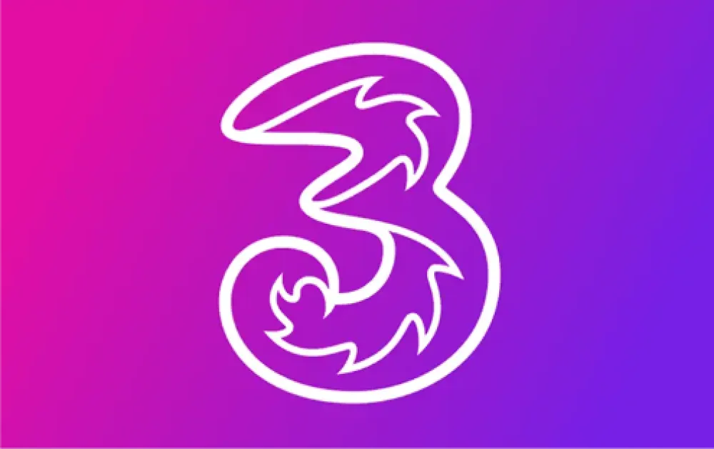 Wit gestileerd cijfer drie met golvende vormen op een roze en paarse achtergrond.