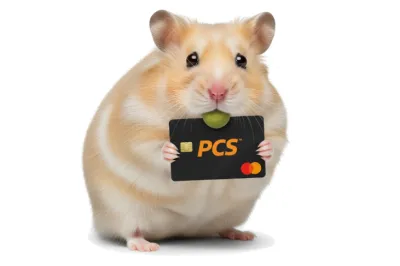 Een schattige hamster houdt een zwarte PCS-betaalkaart vast in zijn pootjes en heeft een groene snack in zijn mond.