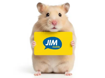 Hamster met een geel bord met het logo van JIM Mobile erop vast.