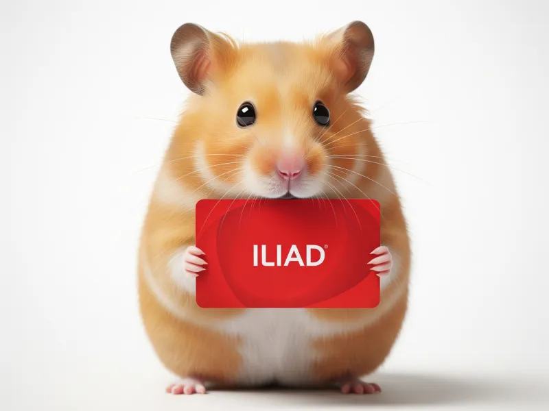 Een hamster houdt een rood bord vast met de tekst "ILIAD" erop. De achtergrond is lichtgrijs en neutraal.