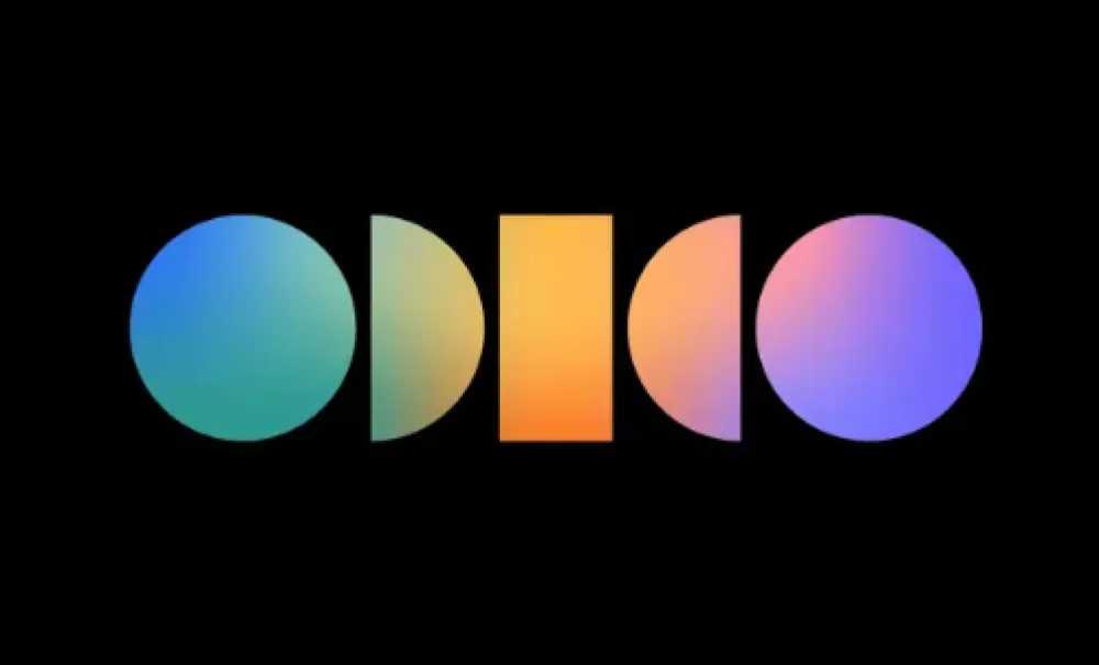 Het woord "ODI CO" weergegeven met kleurrijke, geometrische vormen tegen een zwarte achtergrond.