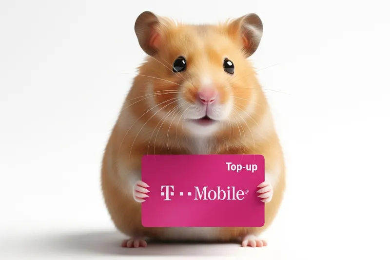 Hamster houdt een roze T-Mobile opwaardeerkaart vast, met witte achtergrond.