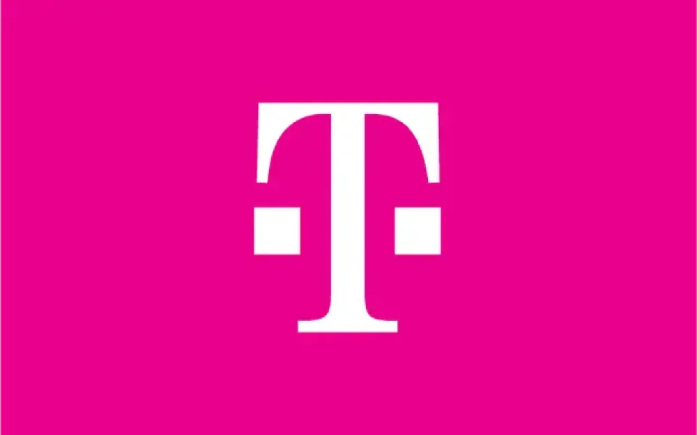 Wit T-Mobile logo op een felroze achtergrond.