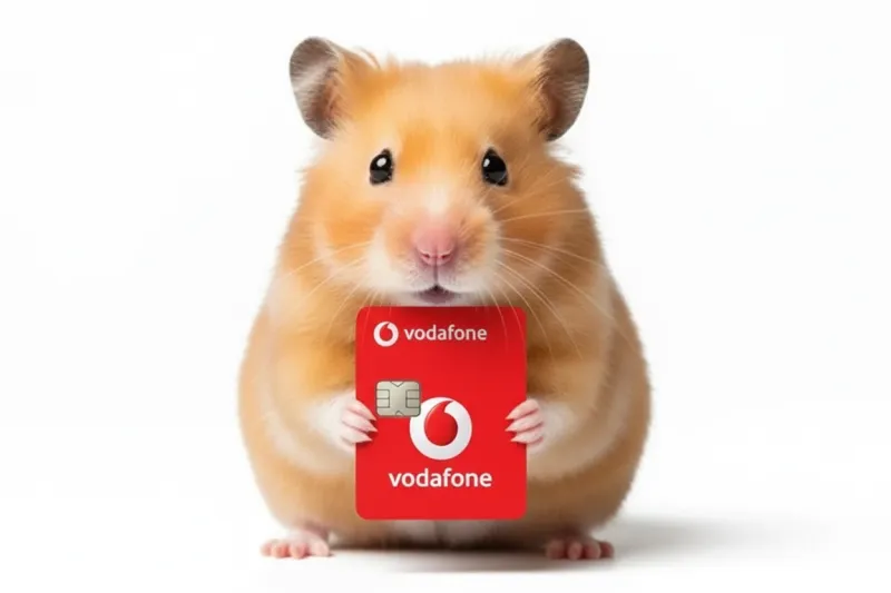 Hamster houdt een rode Vodafone SIM-kaart vast, tegen een witte achtergrond.