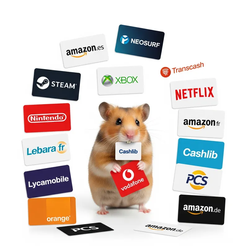 Hamster met verschillende cadeau- en betaalkaarten zoals Vodafone, Netflix, Amazon, en Xbox.
