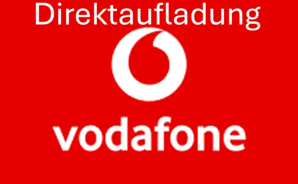 Rood Vodafone-logo met witte tekst "Direktaufladung" erboven.