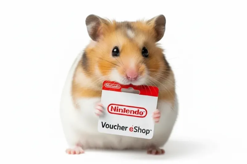Hamster houdt een Nintendo eShop voucher vast tegen een witte achtergrond.