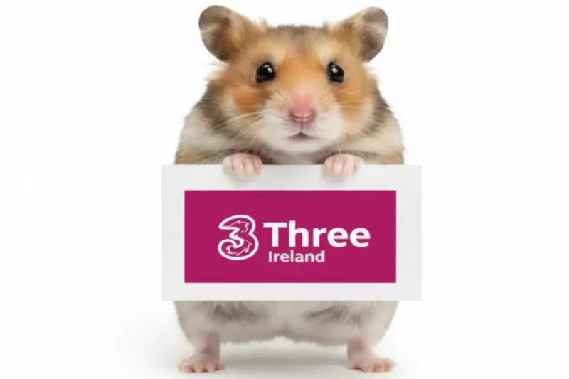Een hamster houdt een bord vast met het logo van Three Ireland erop gedrukt.