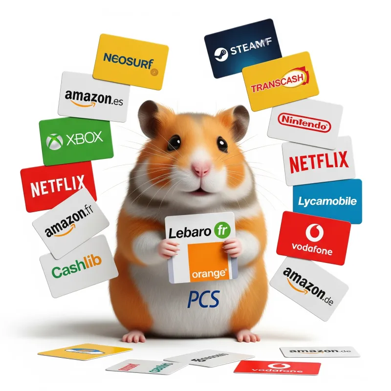 Hamster houdt kaartjes vast van verschillende merken zoals Amazon, Netflix, Xbox en Vodafone, terwijl andere kaartjes eromheen zweven.