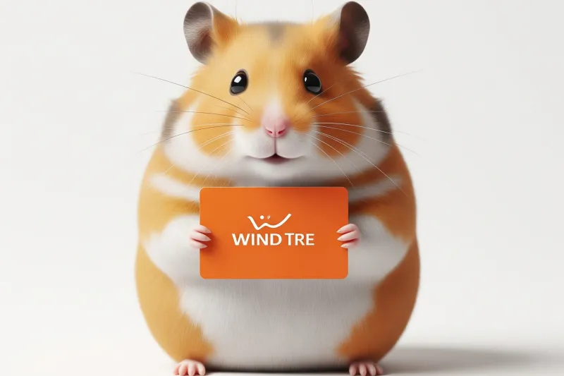 Een schattige hamster houdt een oranje bord vast met het logo van Wind Tre erop.