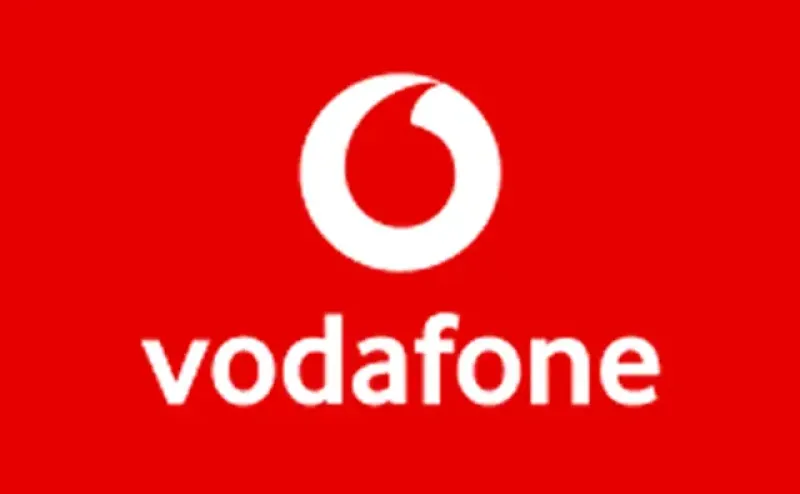 Rood vlak met wit Vodafone-logo en tekst "vodafone".
