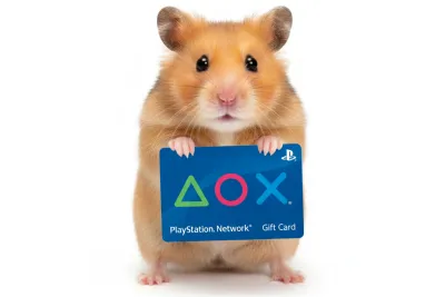Een hamster houdt een PlayStation Network cadeaubon vast met beide pootjes.